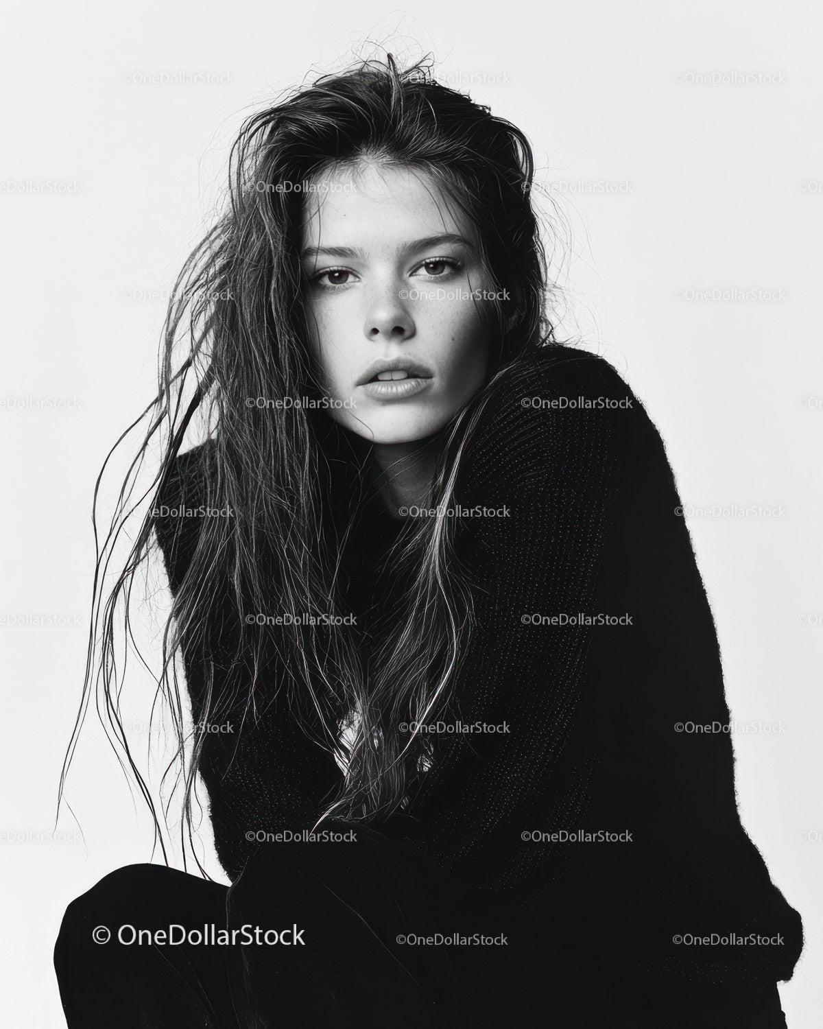 Stylish Monochrome Portrait of Young Woman with Messy Hair