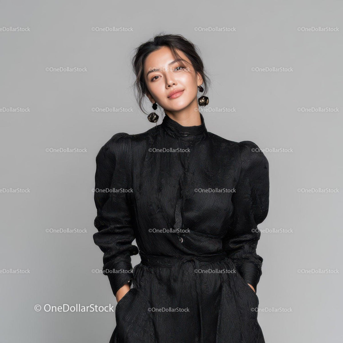 Elegant Black Outfit for Fashionable Woman in Studio Portrait