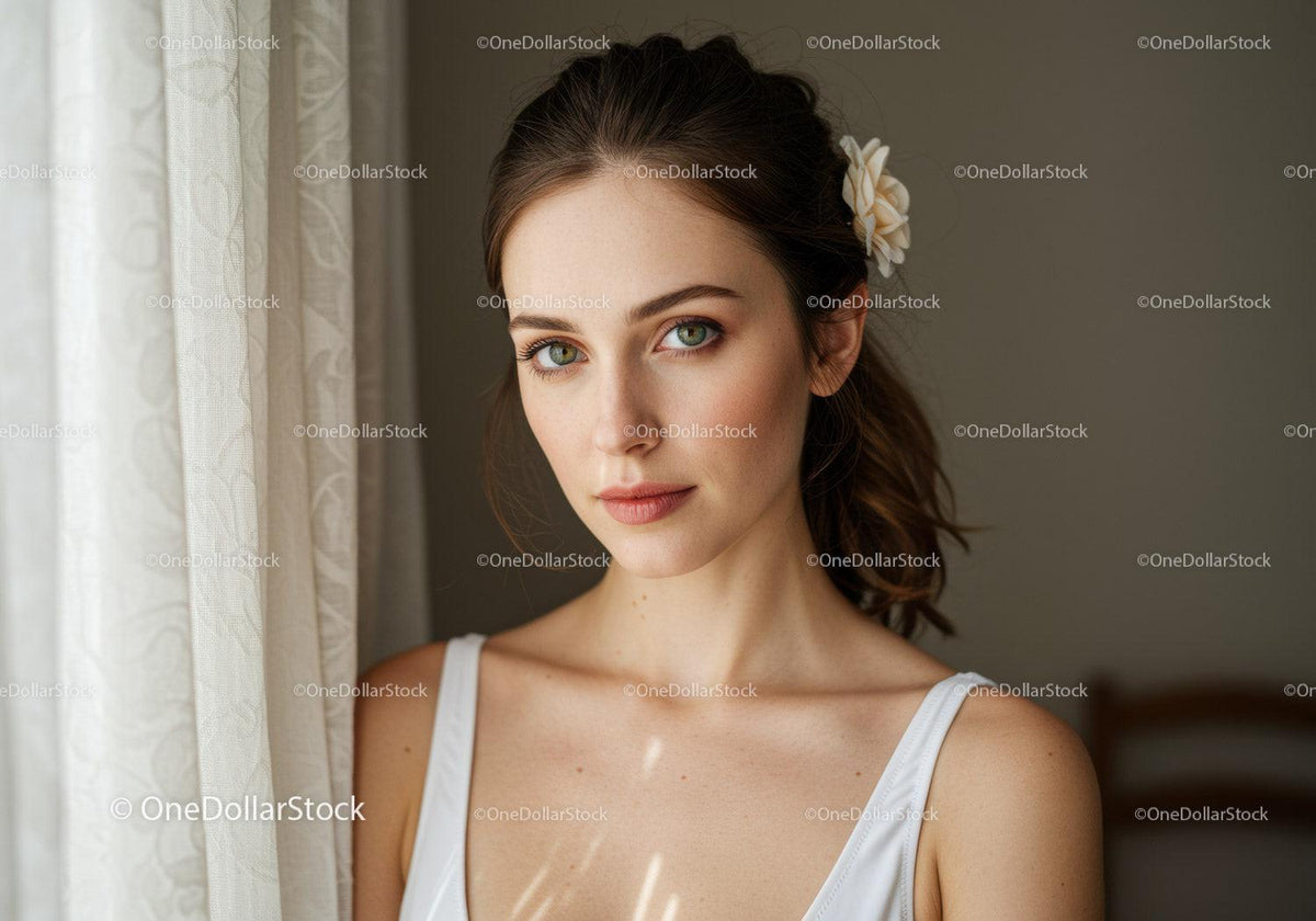 Portrait of a Young Woman with Blue Eyes and Flower Hair Accessory