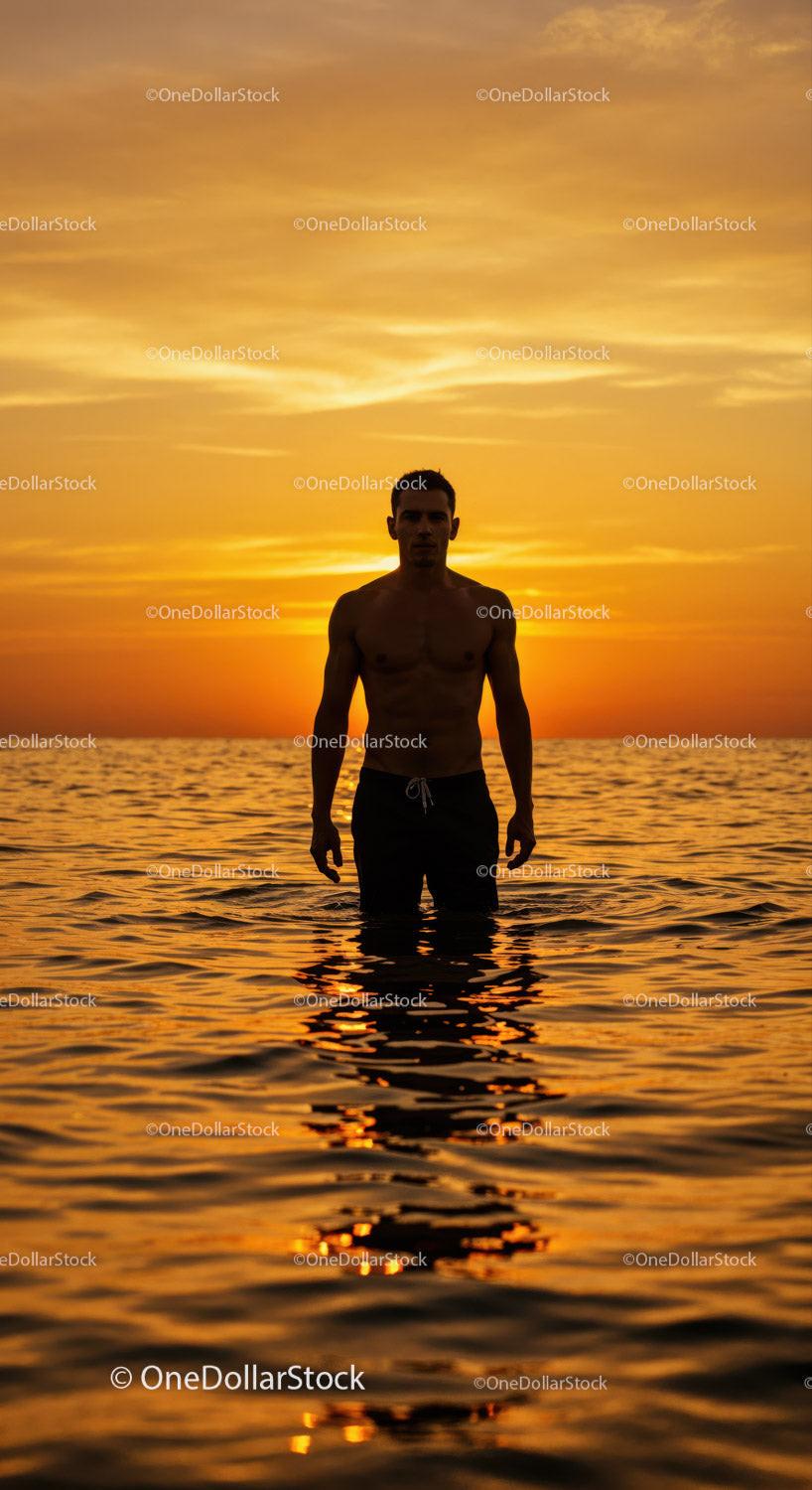 Serene Man Swimming in Ocean During Vibrant Sunset Stock Photo Bundle preview 13