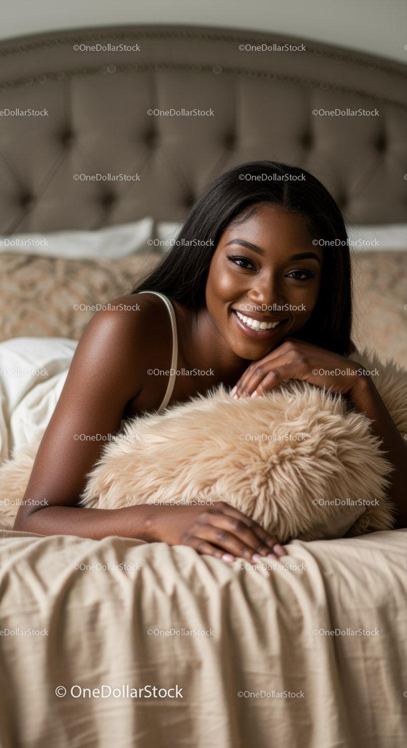 Smiling woman relaxing on bed with cozy pillow