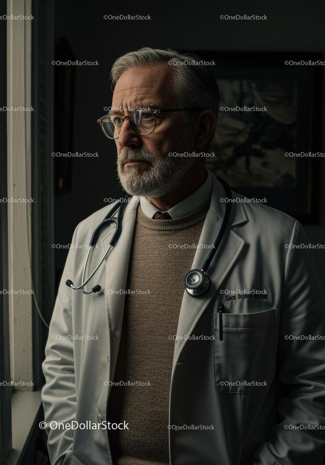 Senior Male Doctor in White Lab Coat with Stethoscope in Clinical Setting