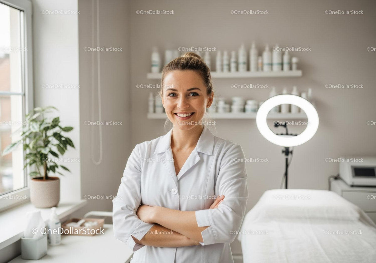 Professional Female Healthcare Worker in White Coat in Modern Clinic