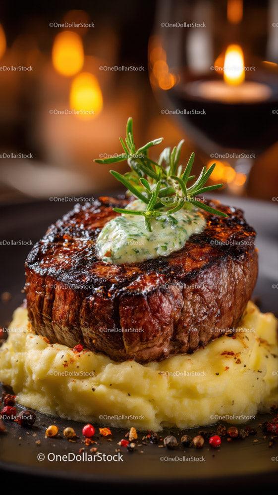 Gourmet Beef Steak with Mashed Potatoes and Rosemary Garnish Stock Photo Bundle preview 6