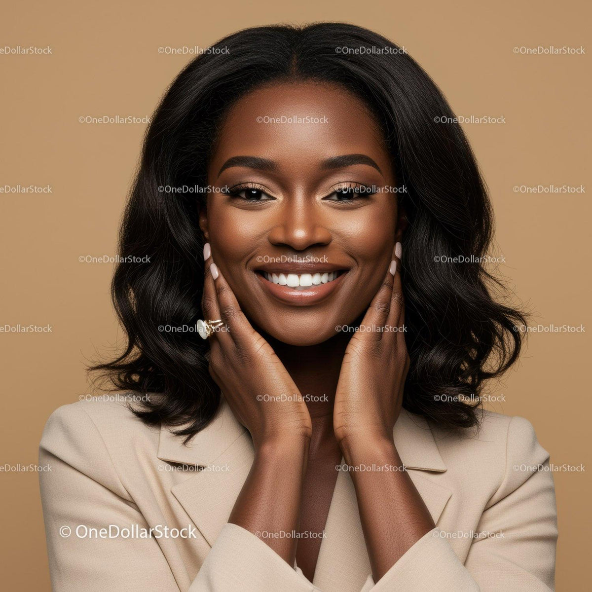 Elegant Smiling Woman with Natural Makeup and Black Hair
