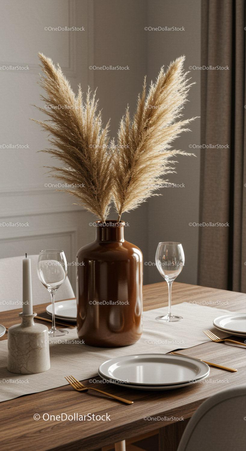 Elegant Dining Table with Pampas Grass and Crystal Glasses in Modern Interior