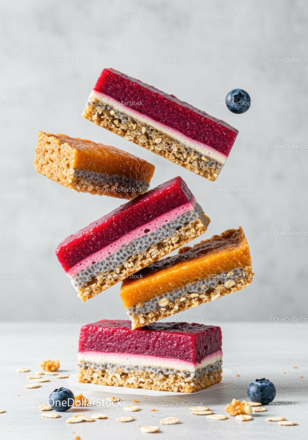 Healthy layered fruit and granola snack bars with blueberries