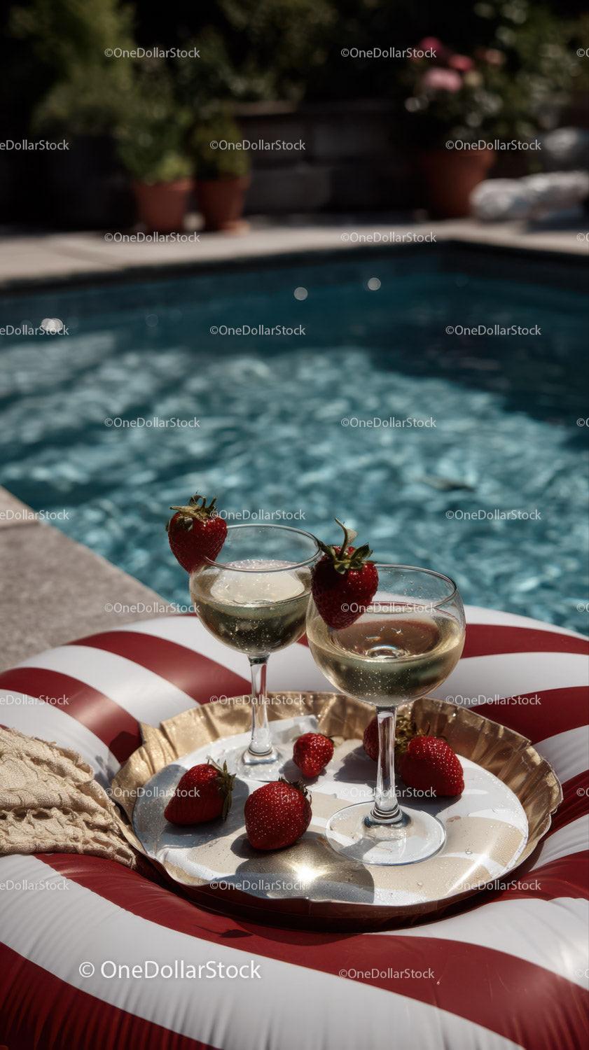 Strawberries and champagne glasses by the poolside on a sunny day