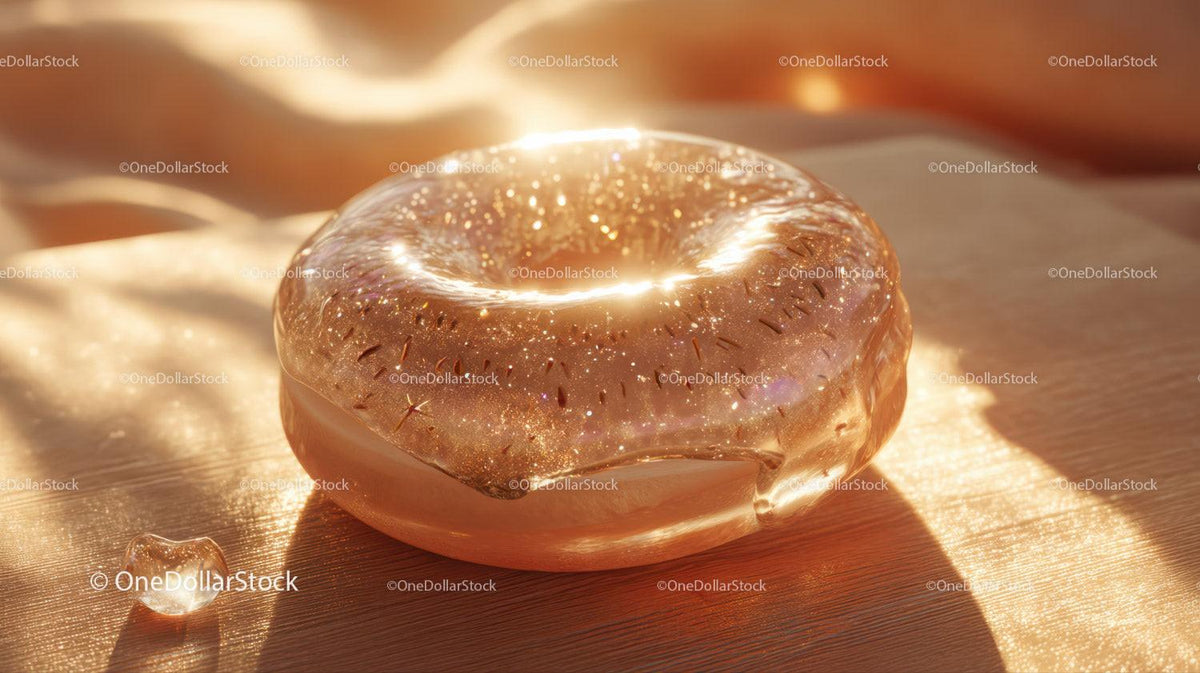 shiny transparent amber resin donut with glitter on wooden surface