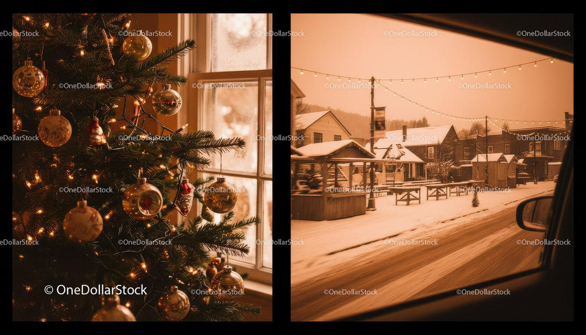 Cozy Christmas Tree and Snowy Village Street Scene