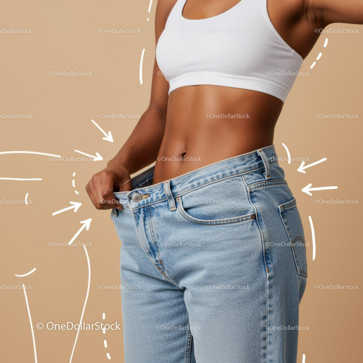 Slim Waist of Woman in Casual Outfit with Jeans and Sports Bra
