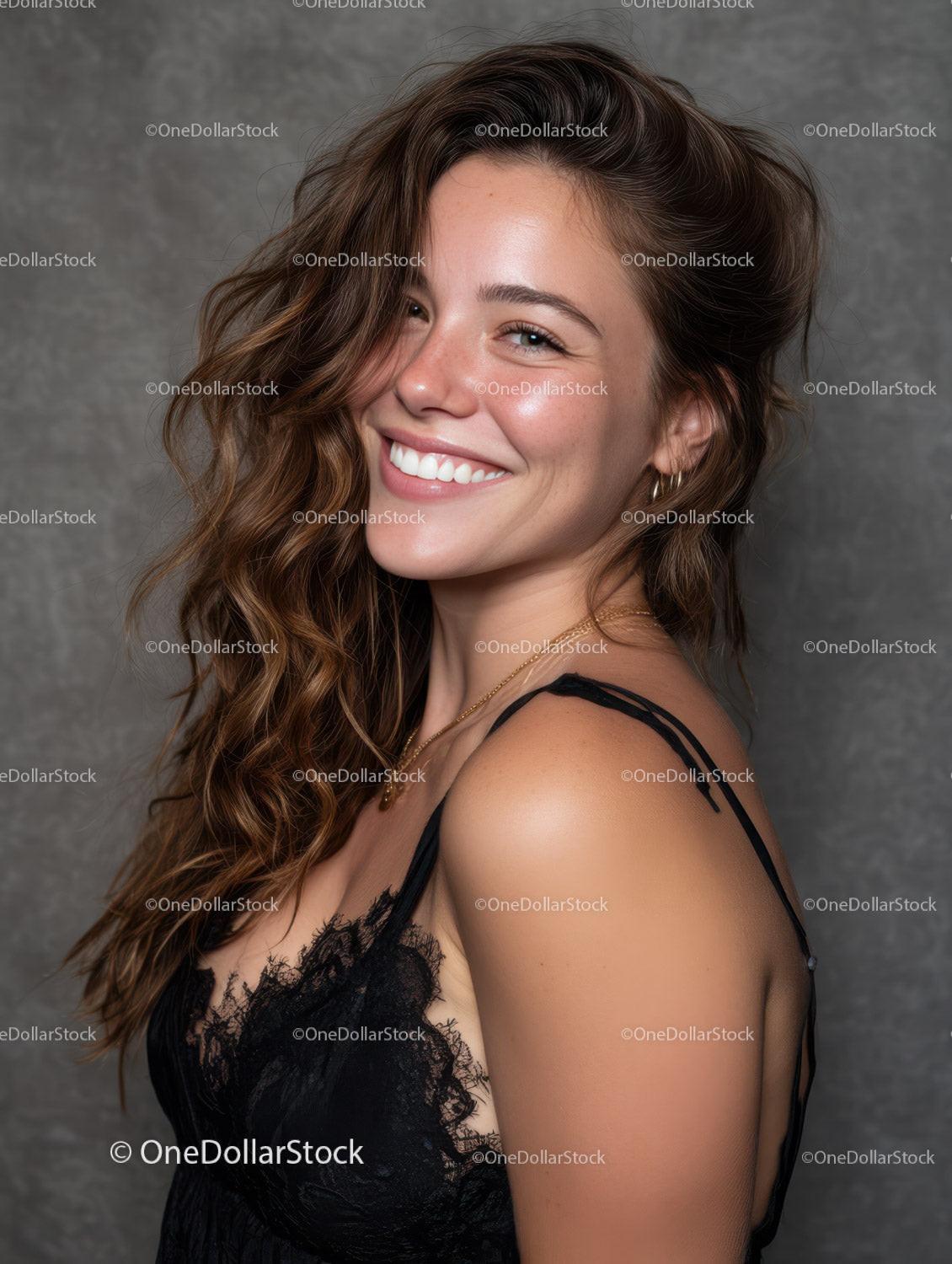 Portrait of a Smiling Woman with Wavy Hair and Bright Smile