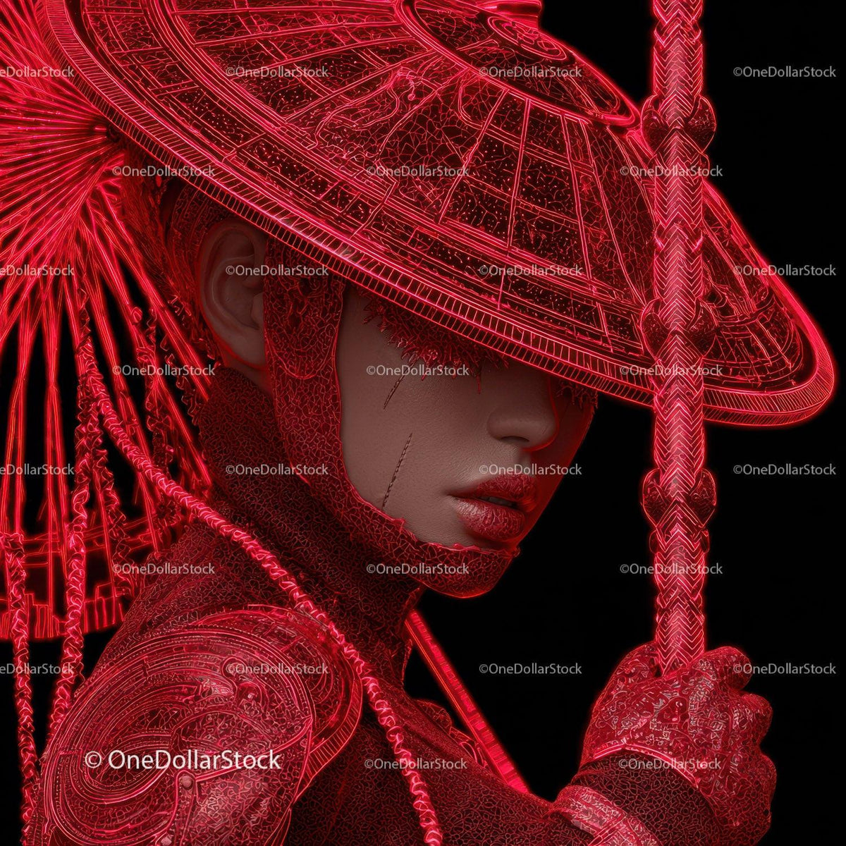 Futuristic Samurai in Neon Red Armor Holding Umbrella Stock Photo Bundle preview 22