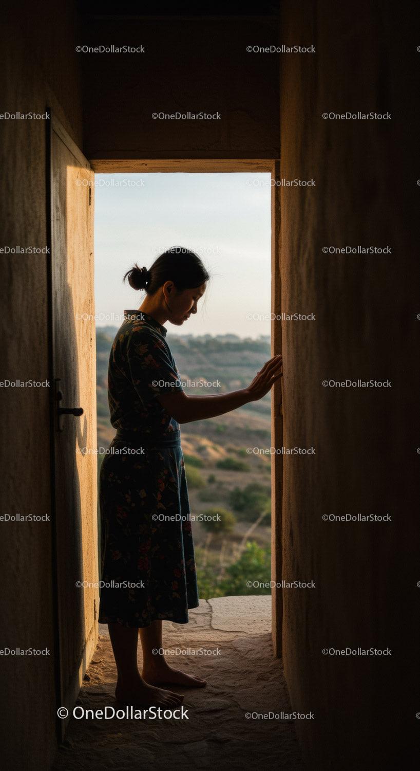 Contemplative woman standing barefoot at doorway at dusk