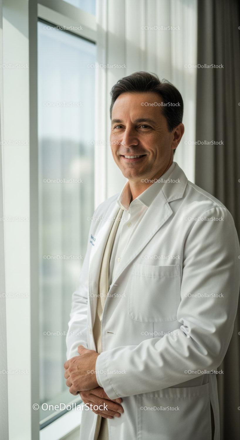 Professional Male Doctor in White Coat Standing Near Window in Hospital