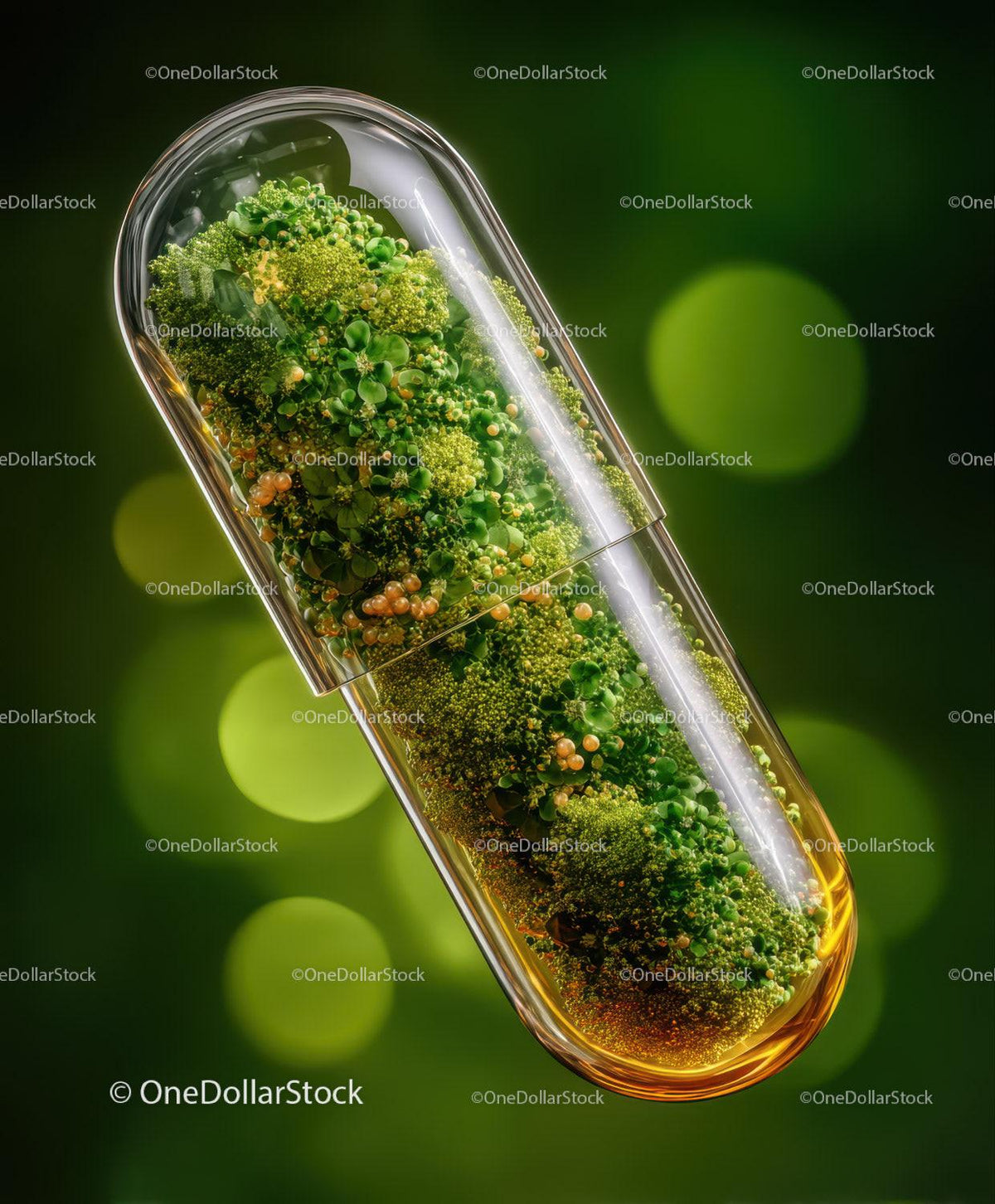 Transparent capsule filled with green plant fragments and small spheres on blurred green background