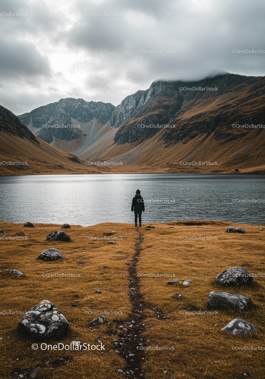 Serene Mountain Lake Scene with Person Exploring Scenic Wilderness