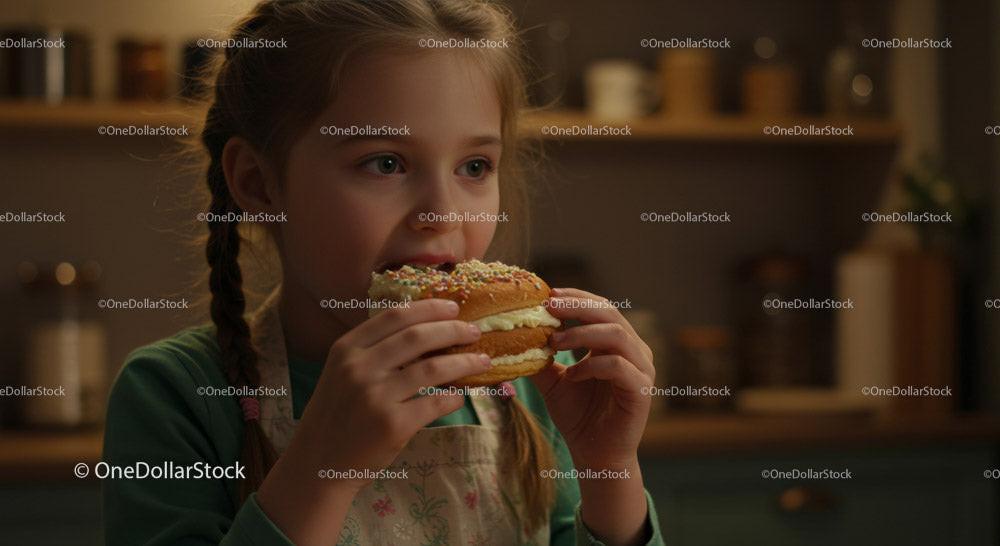 Girl Eating a Colorful Donut in a Cozy Kitchen Stock Photo Bundle preview 8