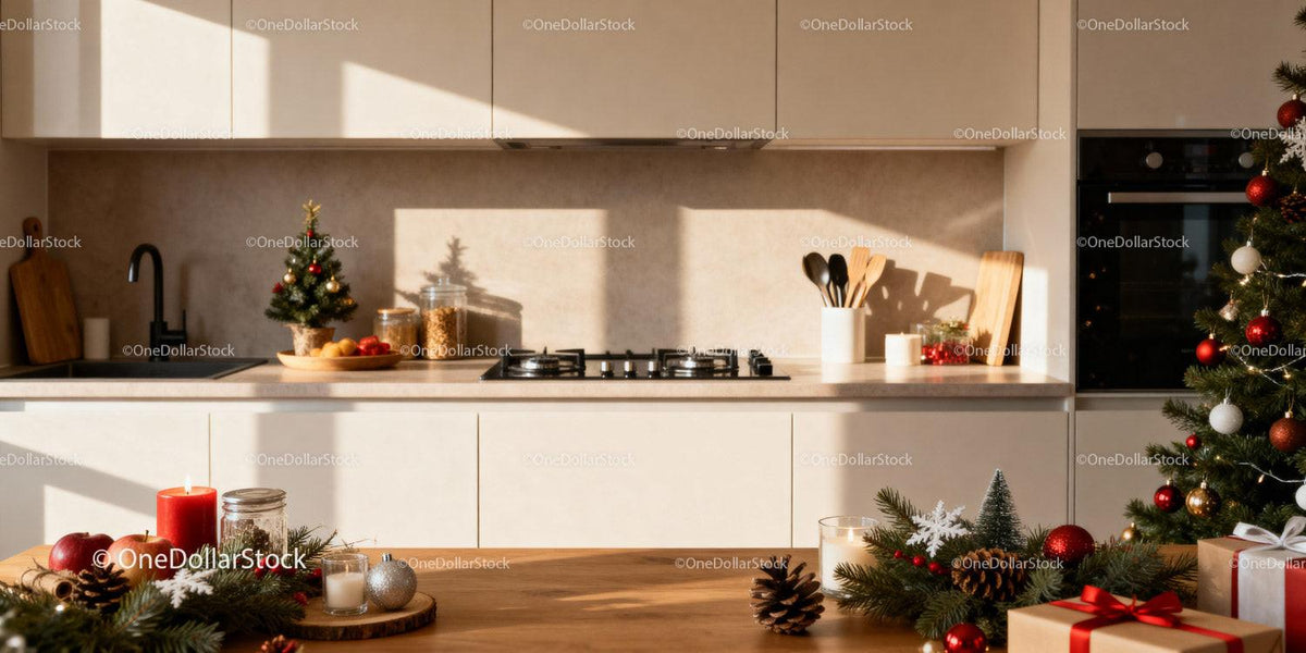 Cozy Kitchen with Festive Christmas Decorations and Warm Light