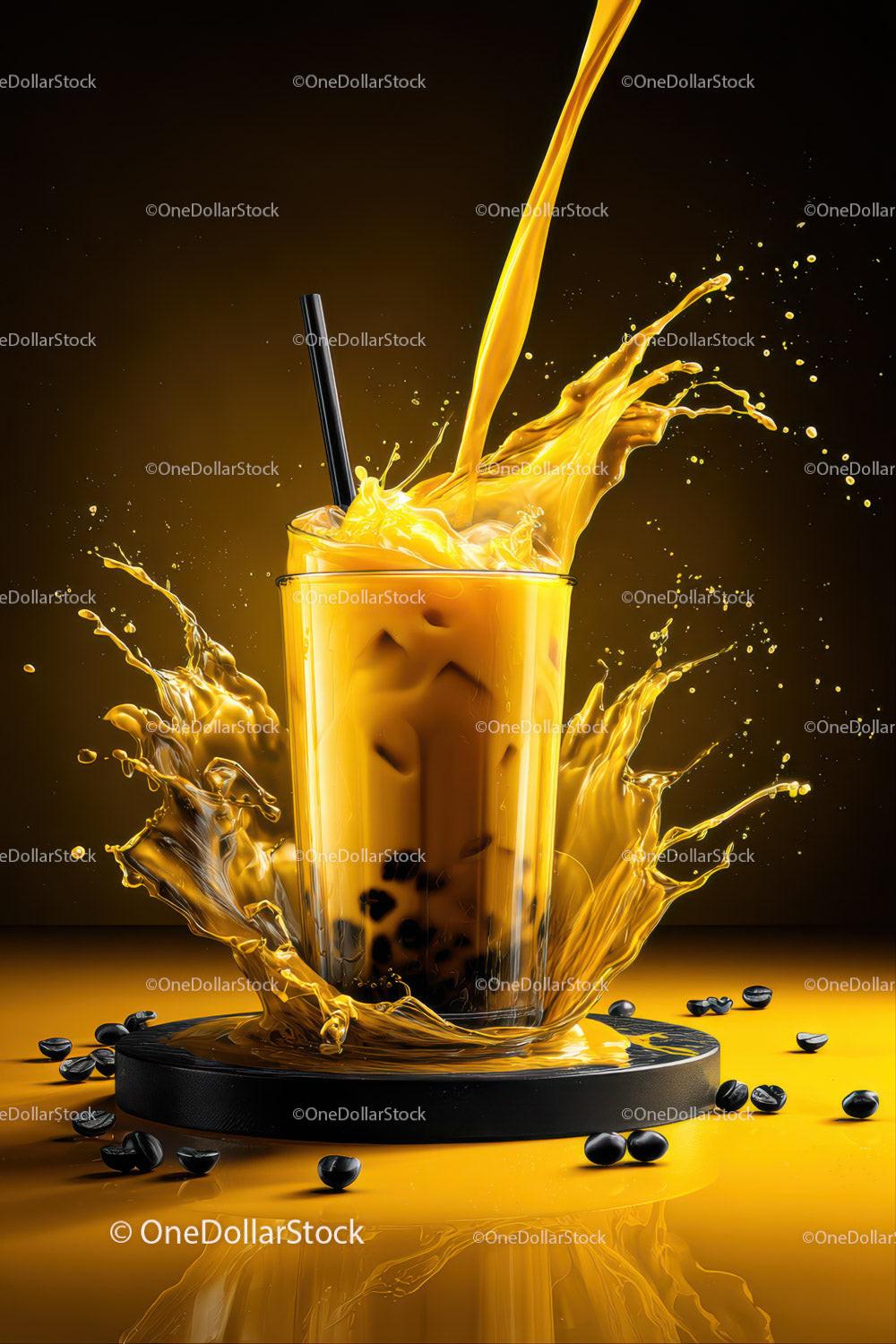 Vibrant Yellow Coffee Splash with Ice Cubes and Coffee Beans