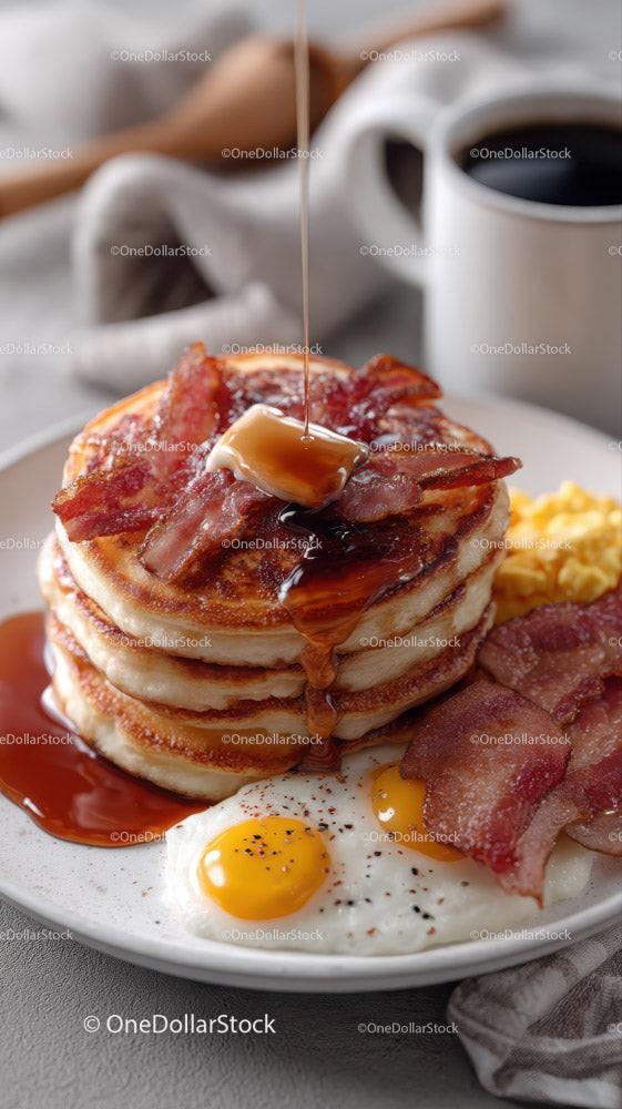 Stack of Fluffy Pancakes with Bacon Eggs and Maple Syrup