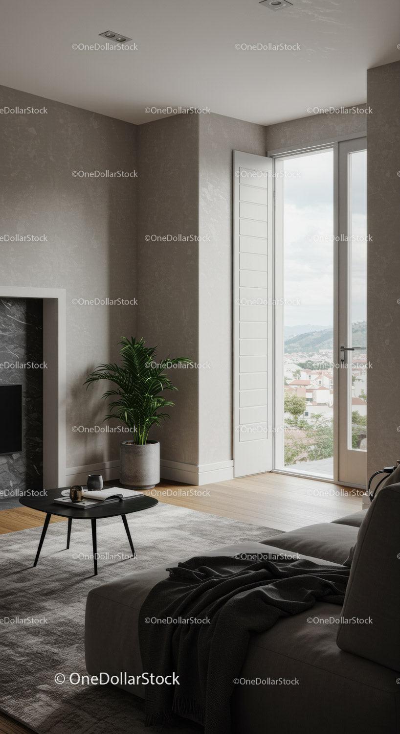 Modern living room with natural light and city view