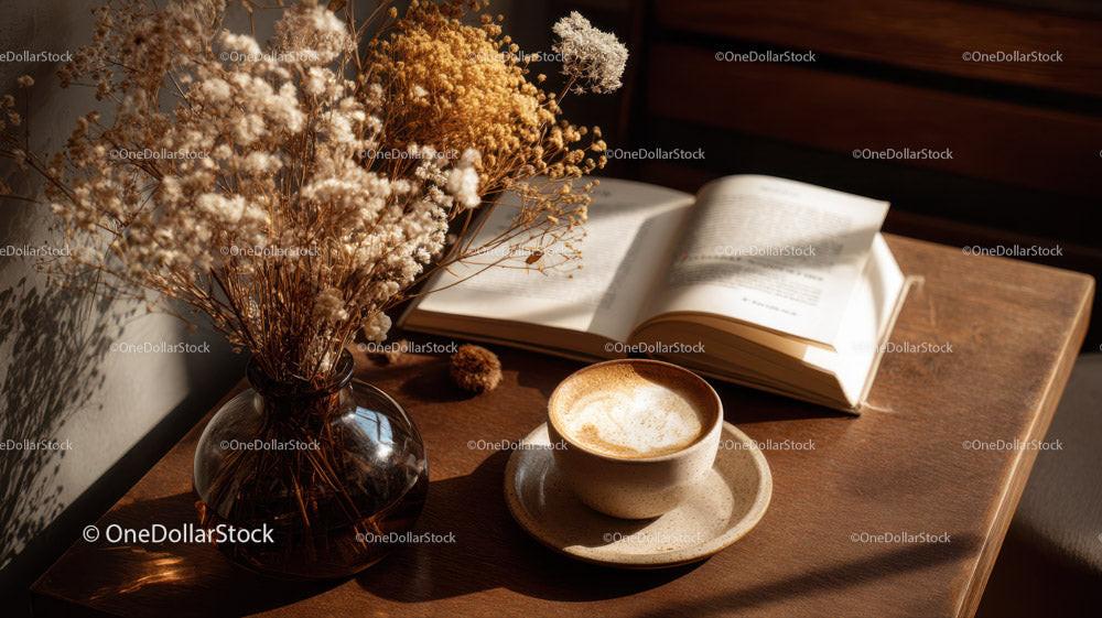 Dried Flowers Book Coffee Cup Cozy Reading Scene