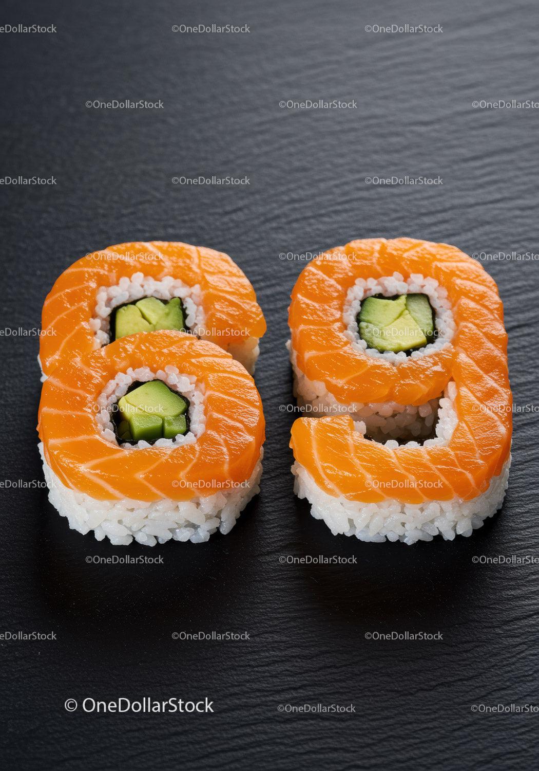 Salmon sushi rolls shaped as number eighty nine