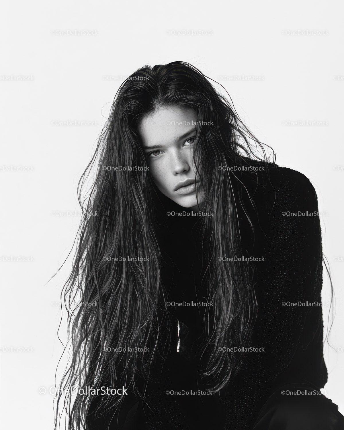 Monochrome Portrait of Woman with Long Wet Hair and Intense Gaze