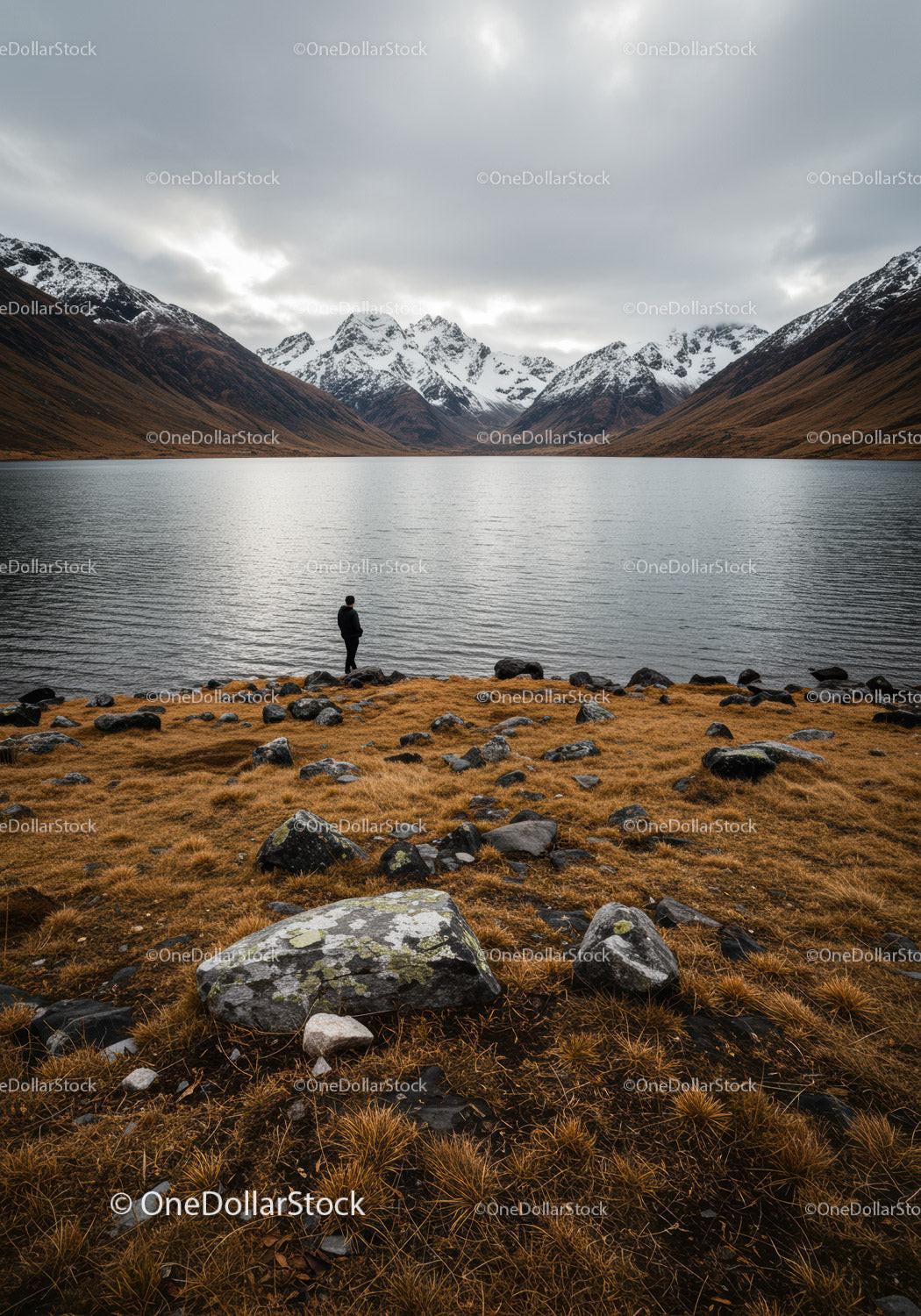 Serene Mountain Lake Landscape with Snow-Capped Peaks and Rocky Shore