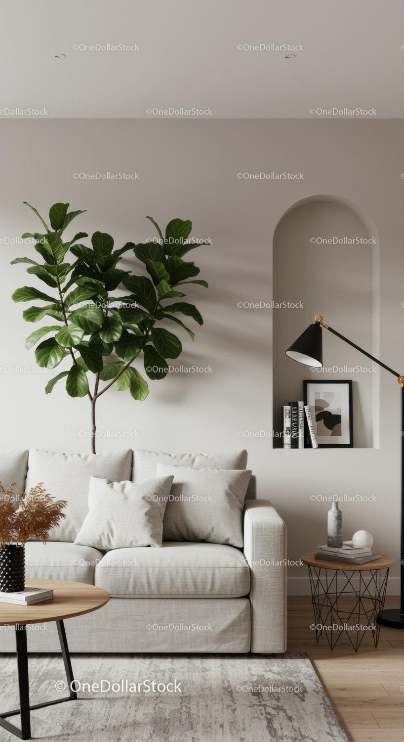 Cozy Modern Living Room with Green Fiddle Leaf Fig Plant