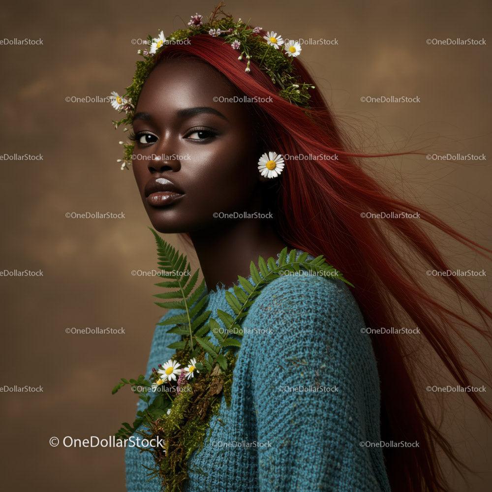 Elegant Portrait of an African Woman with Red Hair and Floral Headpiece