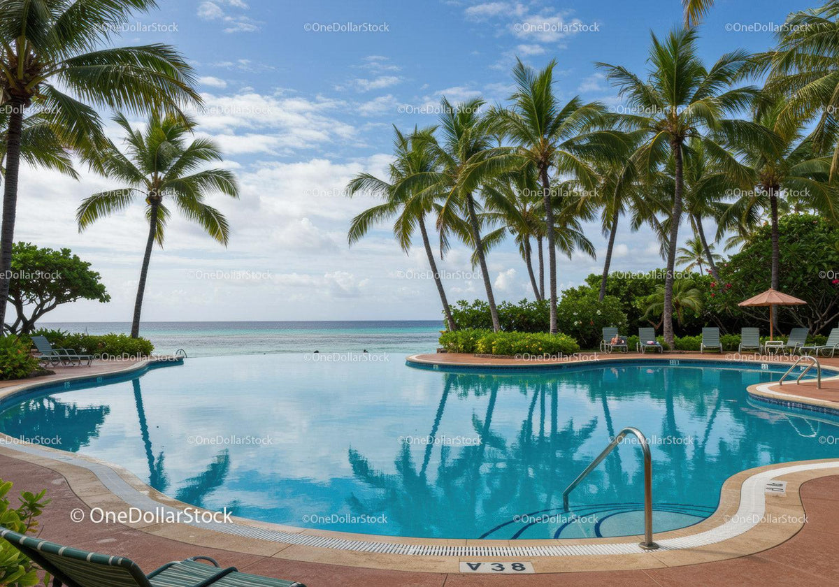Tropical Resort Pool with Palm Trees and Ocean View