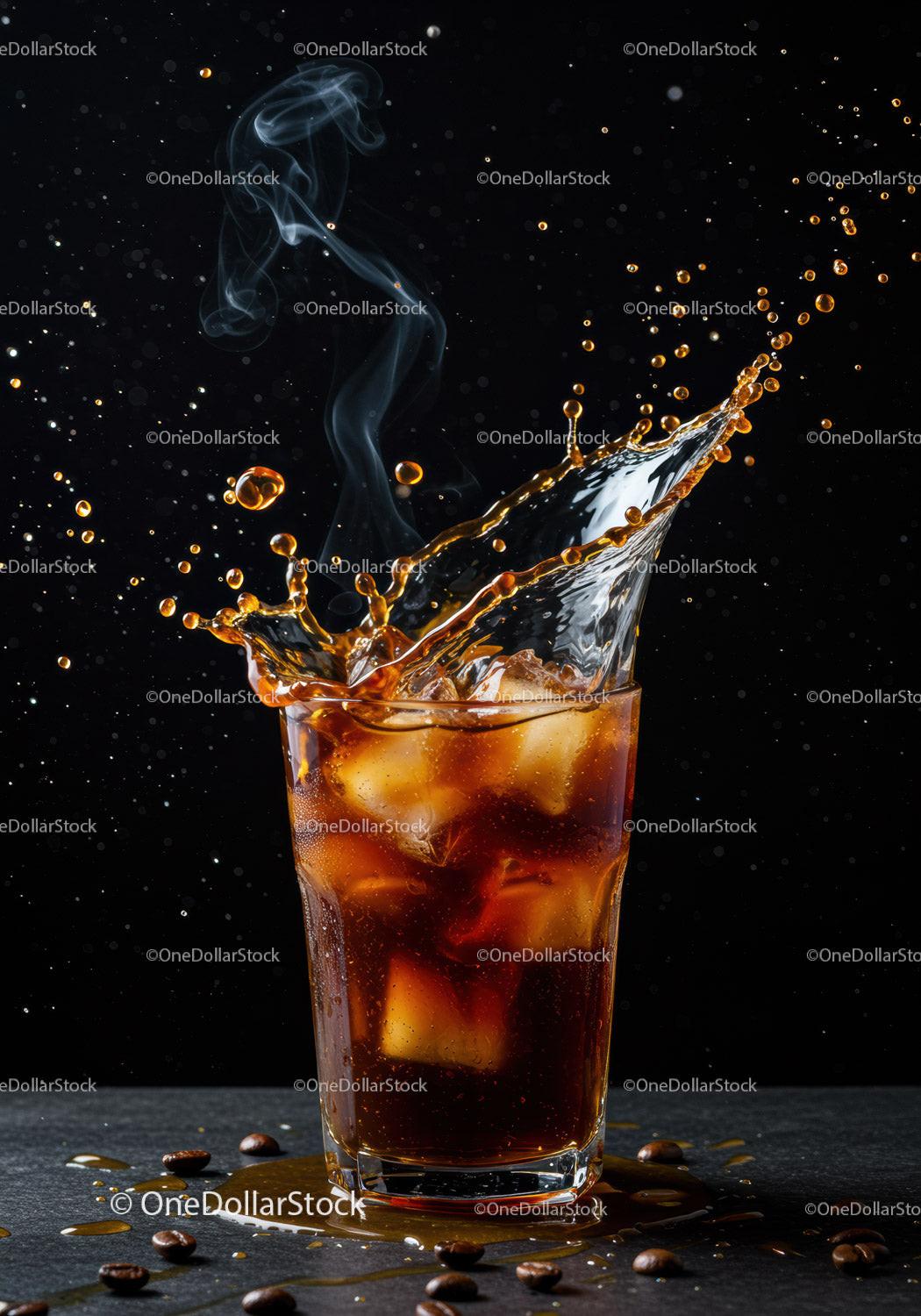 Iced coffee splash with swirling steam on black
