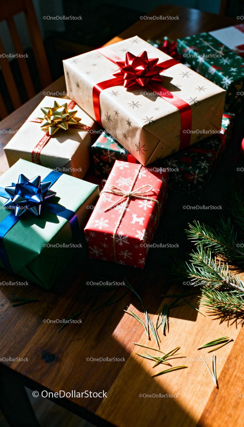 Holiday Gifts Wrapped with Colorful Ribbons on Wooden Table
