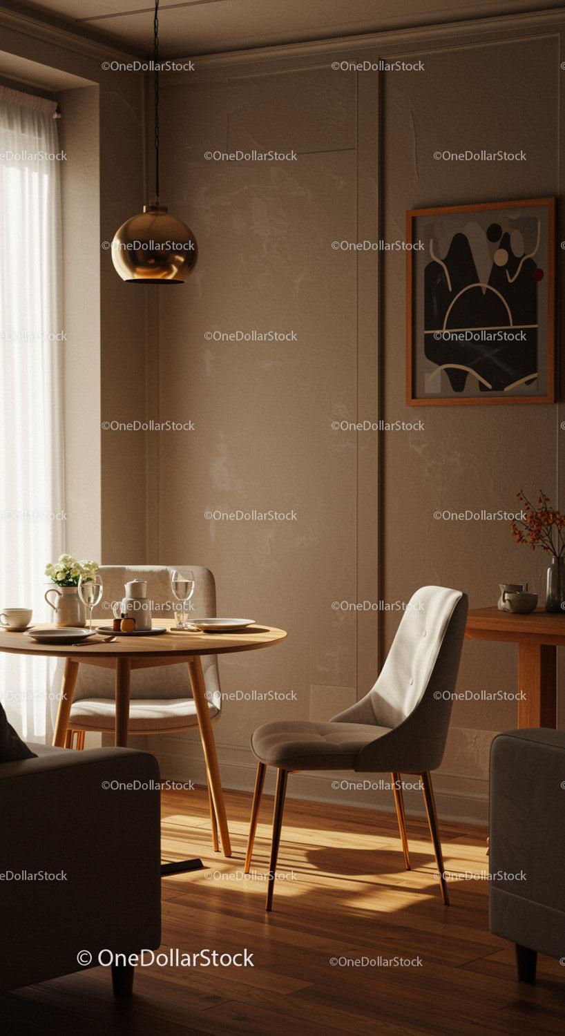 Modern Dining Room with Elegant Decor and Warm Lighting