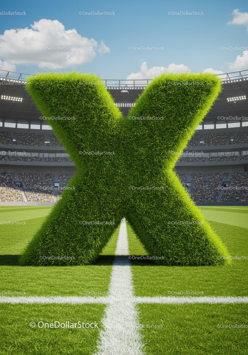 Green Grass Letter X on Football Field Center Line