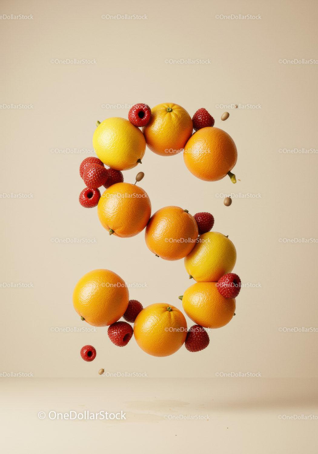 Creative number three made of fresh citrus and berries