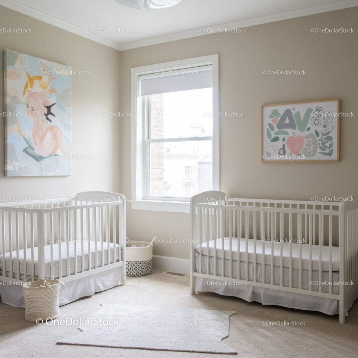Bright Nursery with White Baby Cribs and Modern Wall Art