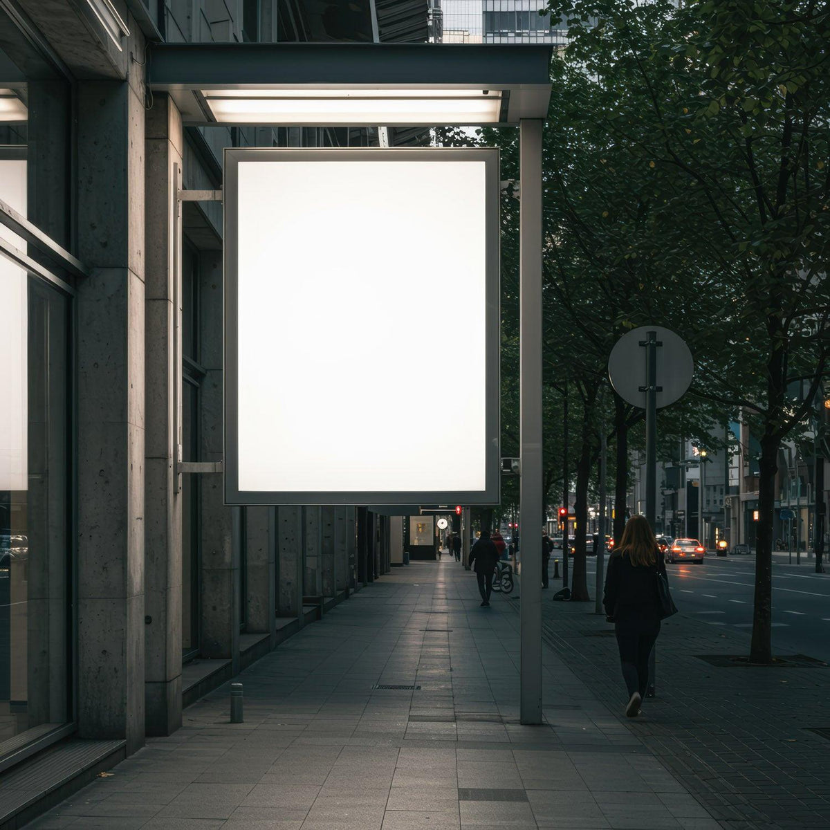 Empty illuminated billboard on urban street in evening JPG Mockup Image preview