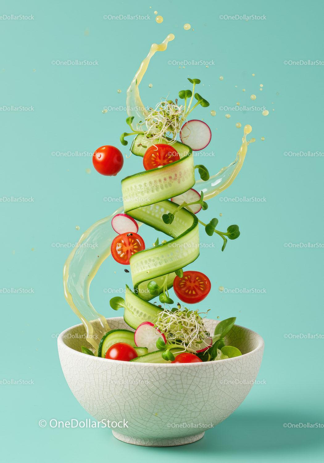Fresh vegetable salad with cucumber ribbons and cherry tomatoes