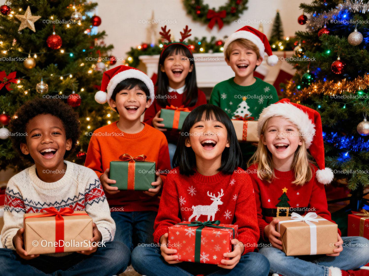 Happy children celebrating Christmas with gifts and joy