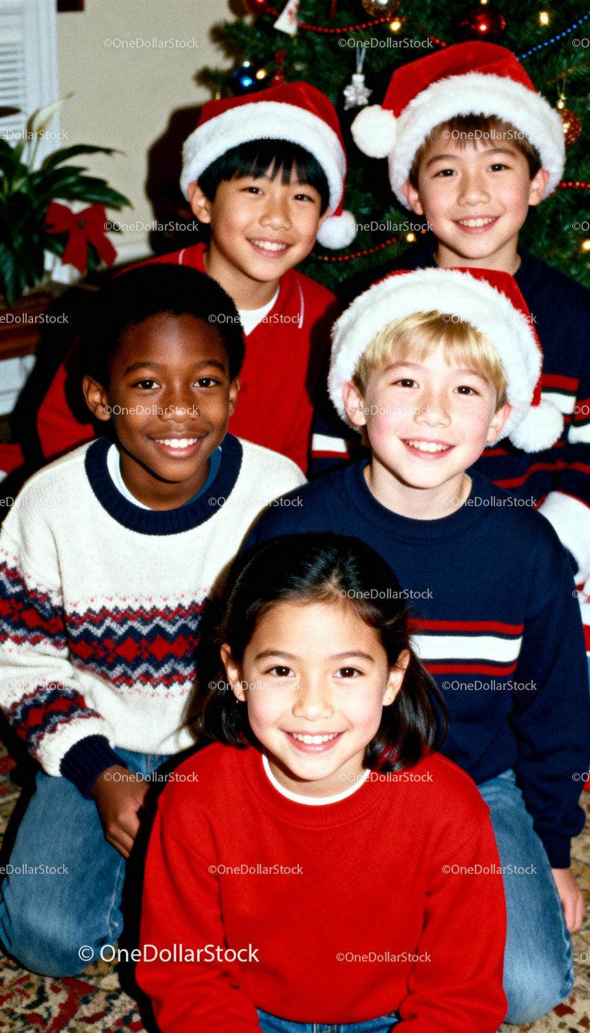 Smiling Diverse Kids Wearing Santa Hats by Christmas Tree