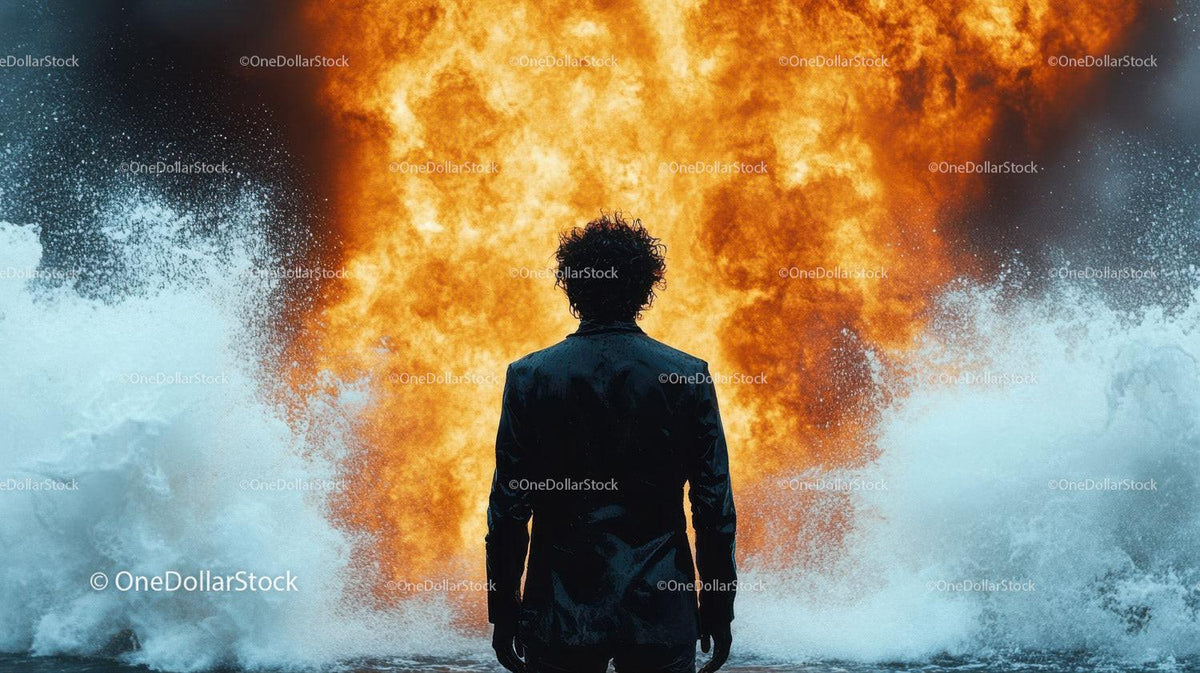 Silhouette of person with curly hair facing large fiery explosion and white smoke clouds