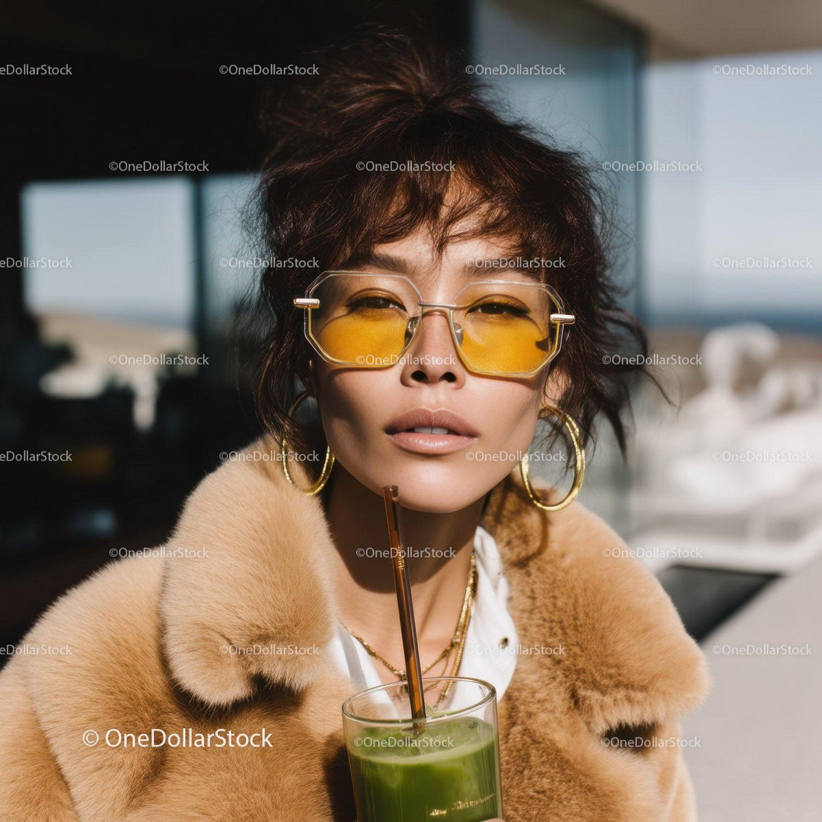 Fashionable woman with yellow sunglasses and fur coat enjoying green juice