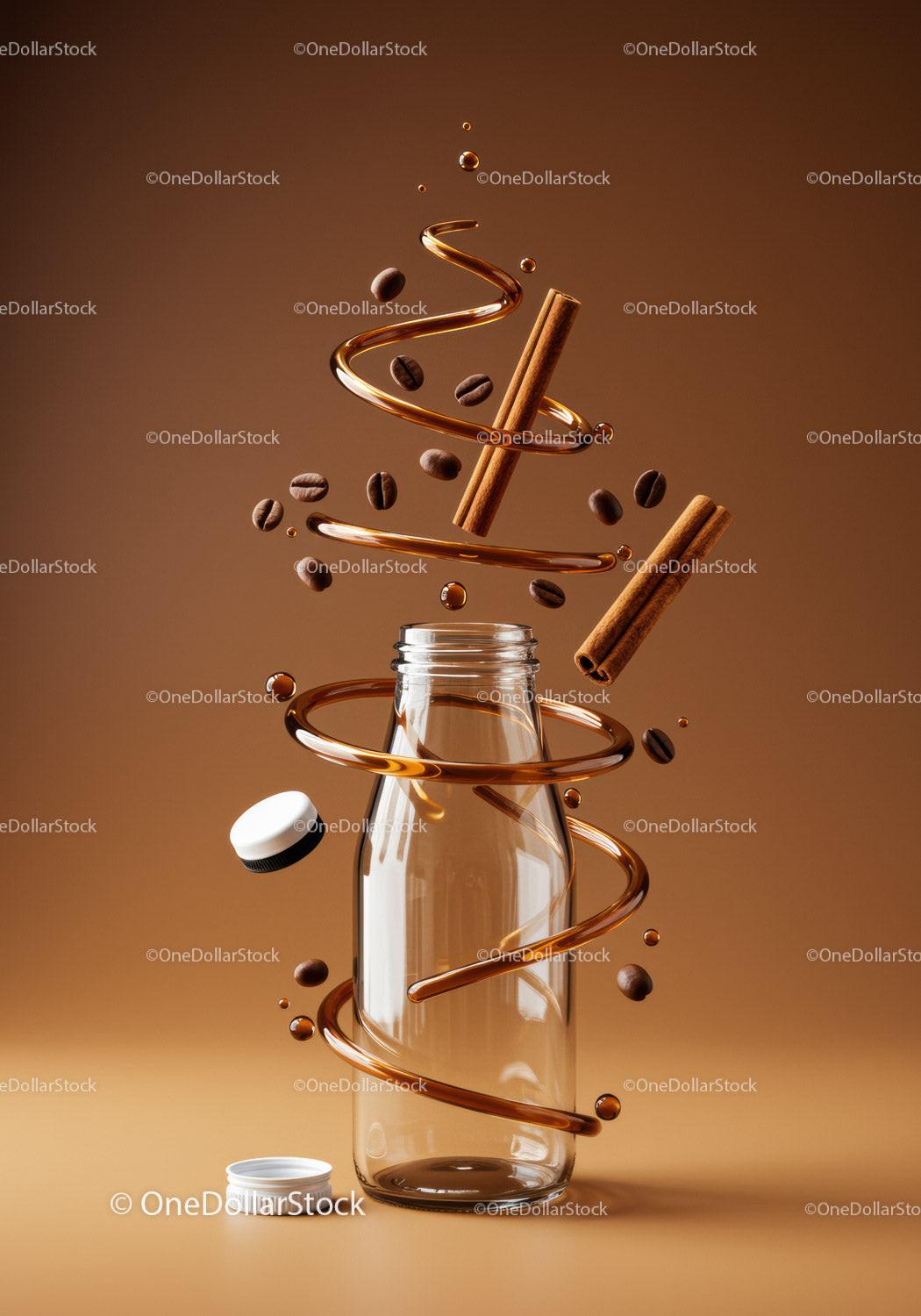 Glass bottle surrounded by coffee beans and cinnamon sticks
