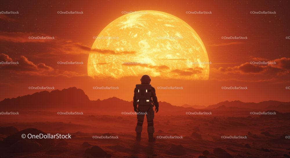 Astronaut Viewing a Giant Sun from Alien Landscape