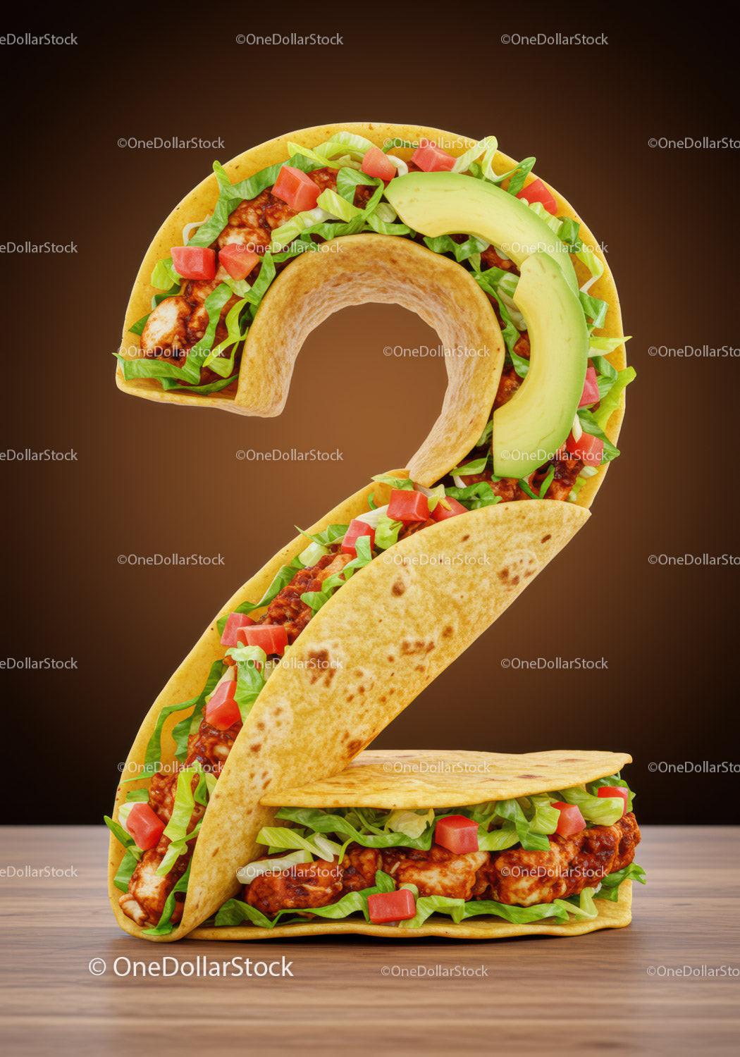 Number two taco filled with fresh ingredients on wooden table