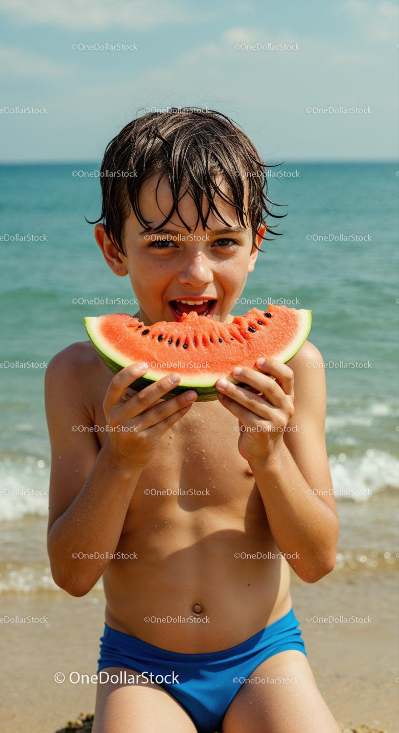 Happy Boy Enjoying Juicy Watermelon at Beach in Summer Stock Photo Bundle preview