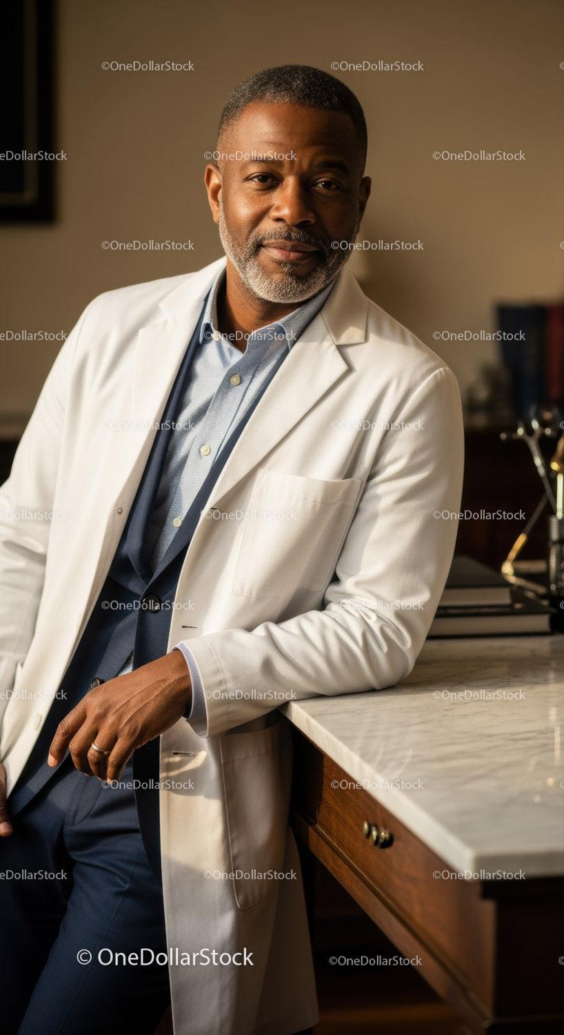 Confident Senior African American Doctor in White Coat Indoor Portrait